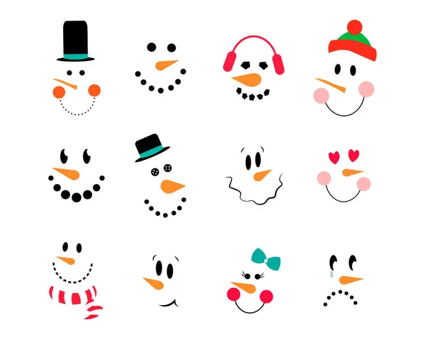 Vector Collection of Cute Snowman Faces (em inglês). Jogo de boneco de neve vetorial. Caras engraçadas dos desenhos animados com emoções e chapéus, coração, cachecol, arco. Emoticons de boneco de neve . — Vetor de Stock