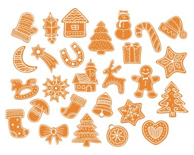 Zencefilli kurabiye figürlü Noel kurabiyeleri koleksiyonu. Bir set zencefilli kurabiye Noel 'de.