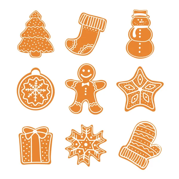 Colección de galletas de Navidad con figuras de galletas de jengibre - Árbol de Navidad, hombres de jengibre, estrella, muñeco de nieve, regalo, guante, bota. Set de galletas de jengibre Navidad . — Archivo Imágenes Vectoriales