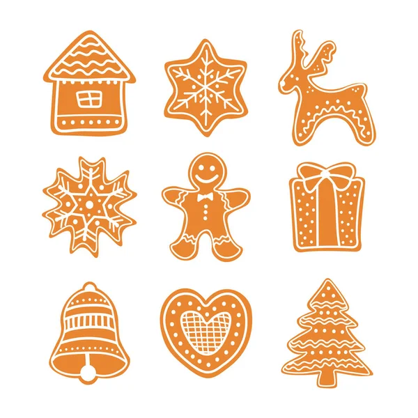 Karácsonyi süti gyűjtemény mézeskalács süti figurák - karácsonyfa, mézeskalács emberek, csillag, szarvas, ajándék, kesztyű, csizma, harang, szív, ház. Egy csomag mézeskalács süti Karácsony. — Stock Vector
