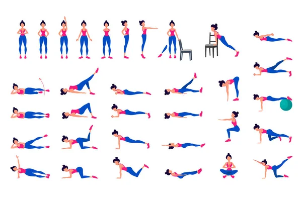 Pose yoga in design piatto. donna sta facendo esercizio per lo stretching del corpo. Uno stile di vita sano. Esercizi cardio fitness. illustrazione vettoriale isolata astratta — Vettoriale Stock