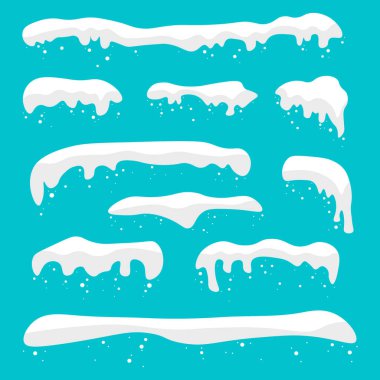 Kar yağışı ayarlandı. Kar kepi vektör koleksiyonu. Kış dekorasyonu. Çizgi film şablonu. Noel tebrik kartlarının tasarımı ve dekorasyonu için kar başlığı.