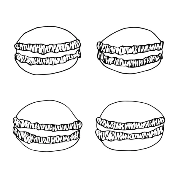 Handritad Skiss tårta makaron. Franska smördeg makaroner. Skiss av söta makaroner. Efterrätt Bageri I doodle Vector Style — Stock vektor