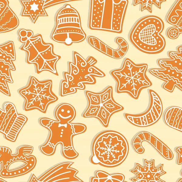 Vector Christmas sömlöst mönster med pepparkakor. Festlig bakning för vintersemester. pepparkakor män och julgran, stjärna, klocka, hus, sockerrör, hjärta, boll, halvmåne, närvarande, mistel. — Stock vektor