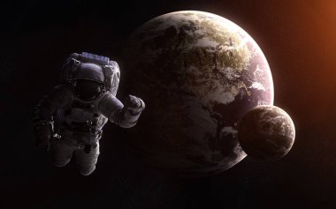 Astronot exoplanets arka plan üzerinde. Derin uzay. Soyut bilim kurgu. Görüntü unsurları Nasa tarafından döşenmiştir