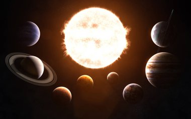 Güneş sistemi. Tüm gezegenlerin Güneş soyut bilim kurgu önünde. Görüntü unsurları Nasa tarafından döşenmiştir