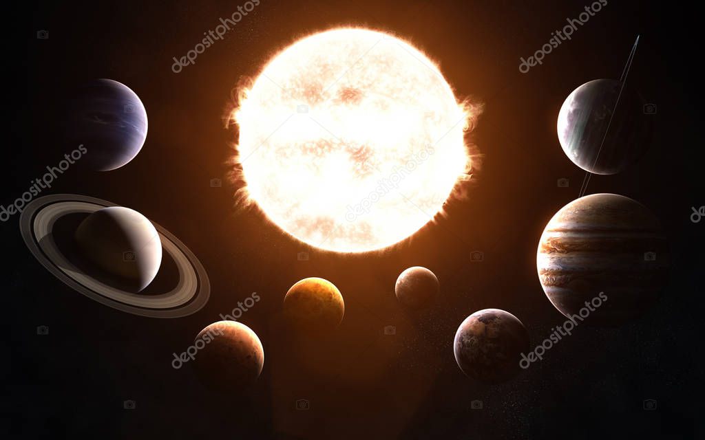 Solar system. All the planets in front of the Sun. Abstract science fiction. Elements of the image are furnished by NASA