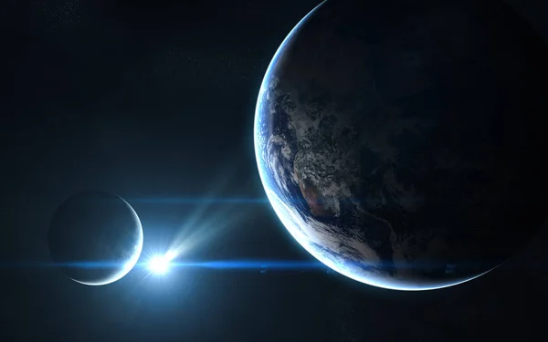 Землею і місяцем у синій сонячного світла. Анотація наукової фантастики. Елементи на зображенні мебльовані НАСА — стокове фото