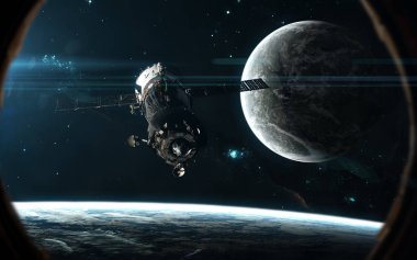 Uzay İstasyonu, mavi yıldız ışığında gezegenler. Derin uzay manzara lombar uzay gemisinin içinde. Bilim kurgu sanat. Görüntü unsurları Nasa tarafından döşenmiş