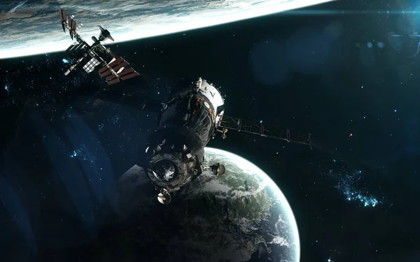 ISS, kosmické stanice a exoplanet v hlubokém vesmíru. Science-fiction umění. Obrazové prvky byly vybaveny NASA — Stock fotografie