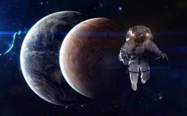 Dünya, Mars ve astronot. Güneş sistemi. Bilim kurgu sanat. Görüntü unsurları Nasa tarafından döşenmiş