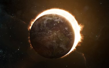 Dünya gezegeni, güneş güneş sistemi örten. Bilim kurgu sanat. Görüntü unsurları Nasa tarafından döşenmiş