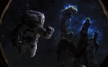 Astronot ve sütunlar oluşturma. Lombar içinde güzel uzay manzara. Bilim kurgu sanat. Görüntü unsurları Nasa tarafından döşenmiş