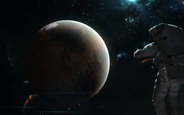 Mars, bir astronot mavi ışık. Güneş sistemi, güzel uzay manzara. Bilim kurgu sanat. Görüntü unsurları Nasa tarafından döşenmiş