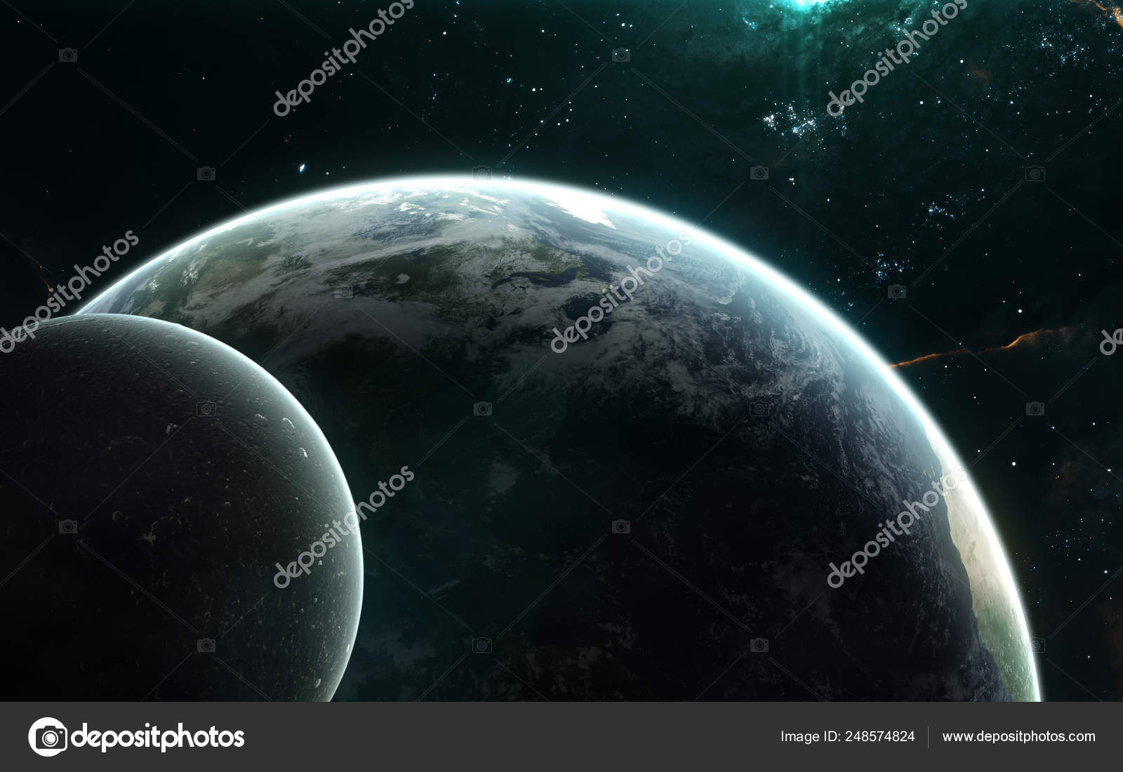 Planet Earth And Moon In Turquoise Light Solar System