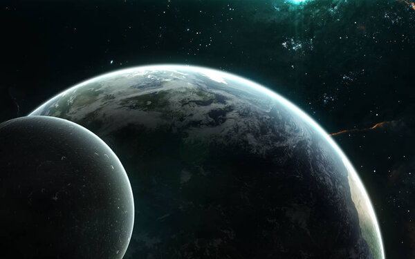 Planet Earth and Moon in turquoise light. Solar system, nebulae, star clusters. Science fiction art. Elements of the image were furnished by NASA