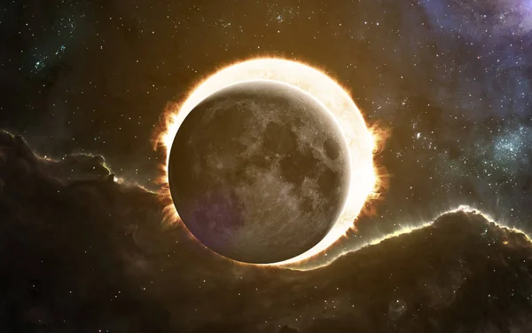 Солнечное затмение. Луна покрывает Солнце, солнечную систему. Научная фантастика. Элементы изображения были представлены НАСА — стоковое фото