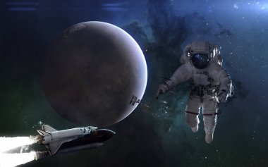 Mavi ışıkta Mars gezegeni. Astronot, Uzay Mekiği, Iss, Güneş Sistemi. Bilim kurgu sanatı. Görüntünün elemanları Nasa tarafından döşenmiştir