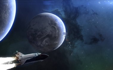 Dünya gezegeni, Ay'ın arkası, uzay mekiği. Mavi ışıkta güneş sistemi. Bilim kurgu sanatı. Görüntünün elemanları Nasa tarafından döşenmiştir