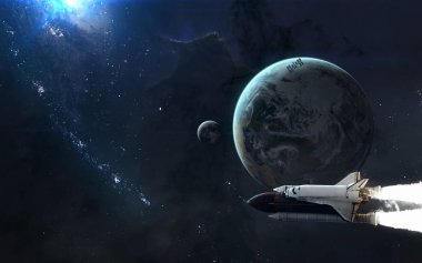 Dünya gezegeni ve ay mavi ışınlar içinde. Uzay Mekiği, Iss. Güneş sistemi. Bilim kurgu sanatı. Görüntünün elemanları Nasa tarafından döşenmiştir