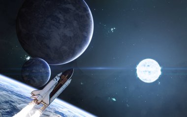 Mavi yıldızın arka planında gezegenler. Derin uzay, uzay mekiği. Bilim kurgu