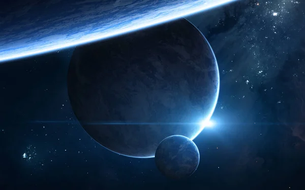 깊은 공간에 있는 행성들. 블루 스타 일식. 공상 과학 소설 — 스톡 사진