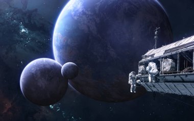 Derin uzay astronotları uzay istasyonundagezegenler. Bilim kurgu