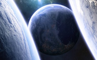 Uzayın derinliklerinde yaşayan gezegenler. Güzel kozmik manzara. Bilim kurgu