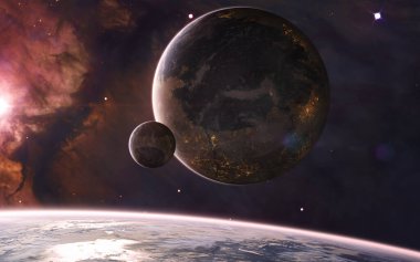 Sıcak yıldız ışığında uzayın derinliklerindeki kolonize gezegenler. Nebula, yıldız kümeleri. Bilim kurgu