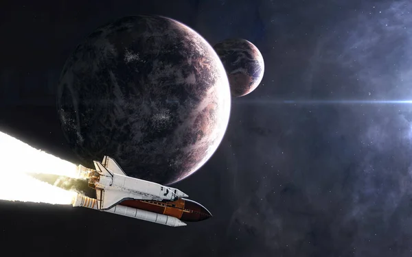 Space shuttle in open space. Planets in background of deep space nebulae
