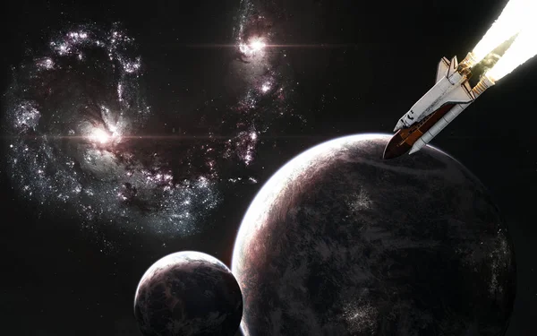Doppia galassia rossa, pianeti nello spazio profondo. Space shuttle in open space — Foto Stock