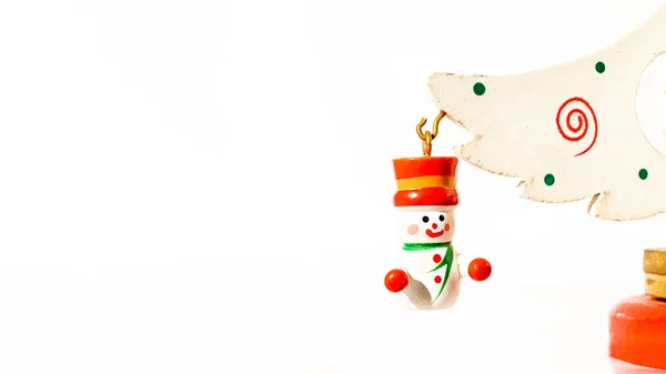 Christmas White Ticket Decorated Wooden Snow Puppet Whit Red Hat — Stock Photo, Image