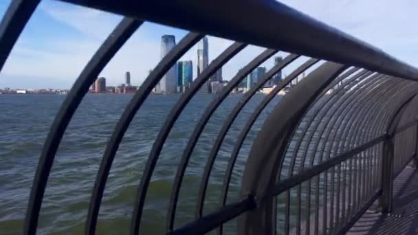 Vertical Movement Camera Reveals Skyscrapers Jersey City Starting Balustrade Waterfront — Stock Video