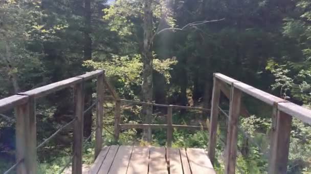 Snímek Pohledu Osoby Která Překročení Dřevěného Mostu Jde Dolů Schodech — Stock video