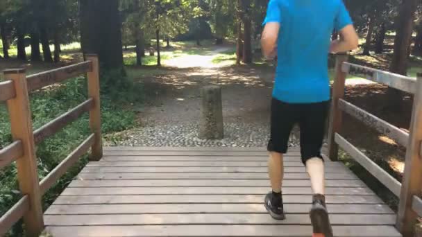 Atleta Adulto Com Shirt Azul Corre Uma Ponte Madeira Parque — Vídeo de Stock