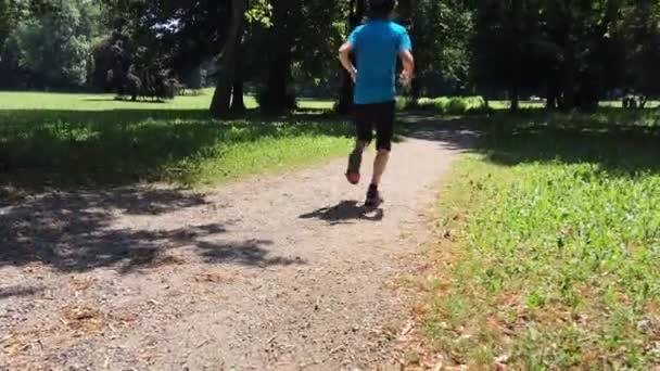 Hombre Deportivo Con Camisa Azul Corre Camino Del Parque Mientras — Vídeos de Stock