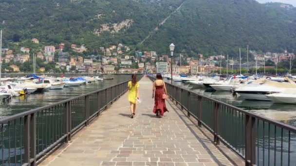 Duas Meninas Andando Longa Passarela Lago Como Câmera Seguindo Cena — Vídeo de Stock