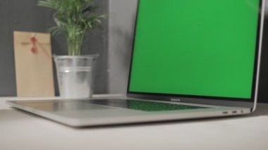 Milan, Aralık, 2019 - Macbook bir mektup zarfı ve arka planda bir bitkiyle bir masanın üzerinde açılıyor, dizüstü bilgisayarın yeşil ekranı var ve bir adam şifreyi klavyeye yazıyor ve çalışmaya başlıyor