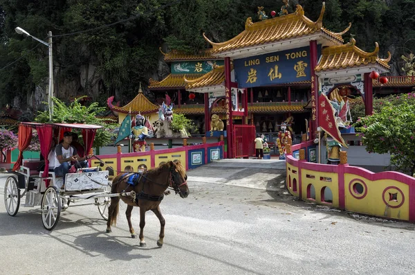 馬のコーチリンセントン 寺院の洞窟 イポー マレーシアの入り口を通過する上で未確認の訪問者 リンセントンはイポー パークの石灰岩の丘のふもとに位置する美しい道教の洞窟の寺院です — ストック写真