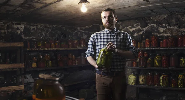 Bearded Man Basement Jar Preservation Cucumber Hands Home Preservation Concept — Stock Photo, Image