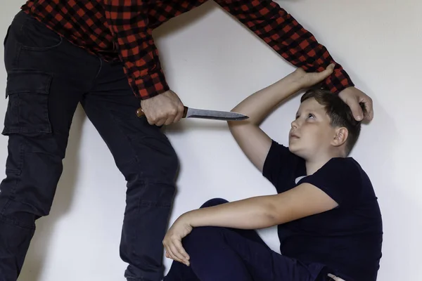 Man Took His Son Hair Threatens Him Knife Child Trying — Stock Photo, Image