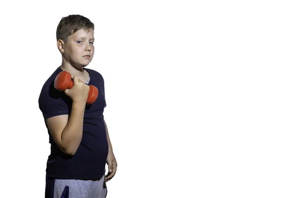 Chłopiec Robi Ćwiczenia Biceps Wygląda Uwodzicielsko Aparacie — Zdjęcie stockowe