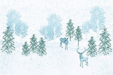  ayaz ormanda. Kış manzarası. Ağaçlar kar kaplı. Çam ağaçları ve geyik fotoğrafları kolaj bir.