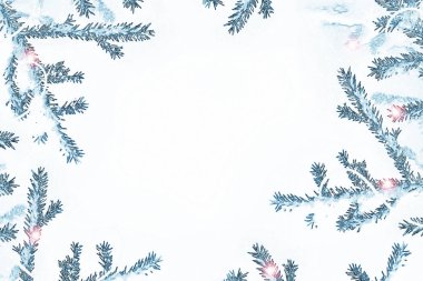 Karla kaplı ağaçlarla donmuş kış ormanı. Beyaz çam dalı.