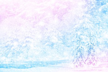  Karla kaplı ağaçlarla donuk kış ormanı.