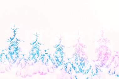 Karla kaplı ağaçlarla donuk kış ormanı.