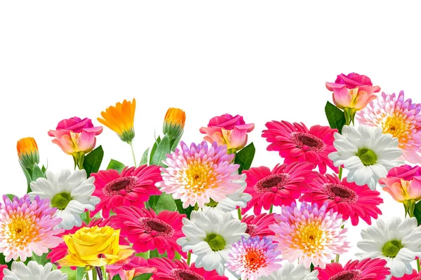 Coloridas Flores Vibrantes Crisantemo Gerberas Rosas Aisladas Sobre Fondo Blanco — Foto de Stock