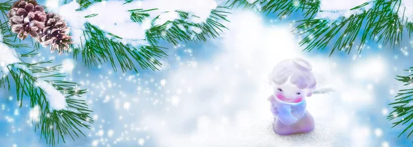 Hälsning Julkort Liten Vit Ängel Snödrivor — Stockfoto