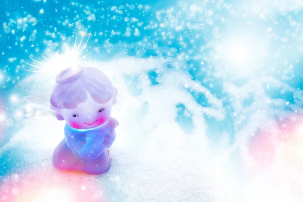 Рождественская Открытка Маленький Белый Ангел Сугробах — стоковое фото