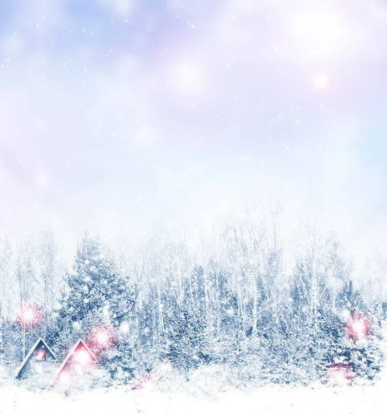 Dorf Winter Schneebedeckten Wald Urlaubsausweis — Stockfoto